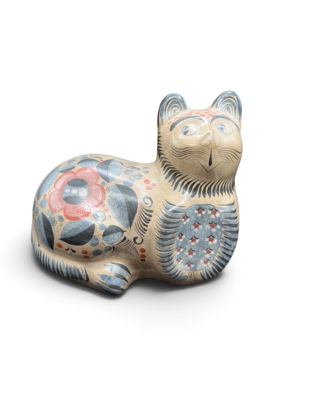 Vintage Large Mexican Folk Art Tonala Clay Cat Figurine - 10.5" Barro Bruñido